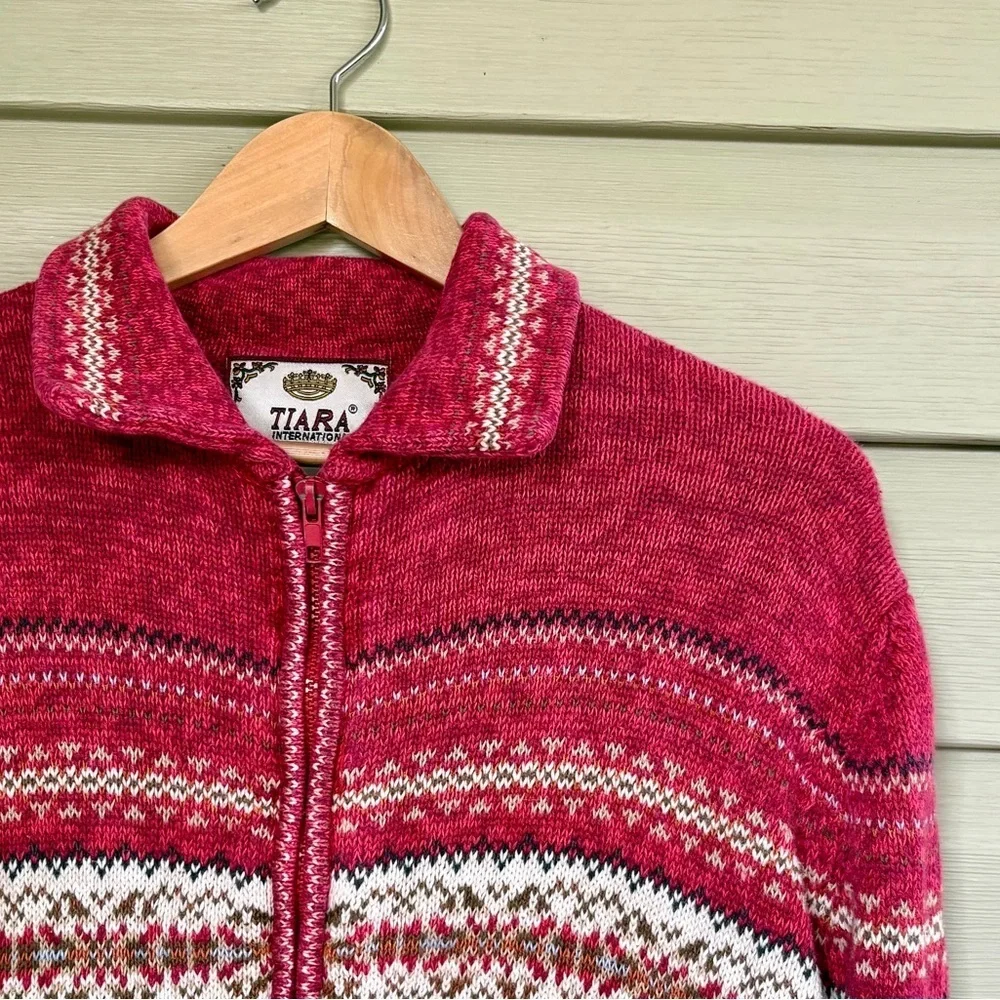 TIARA INTERNATIONAL holiday fair isle zip up sweater cottage vintage 2002 M
